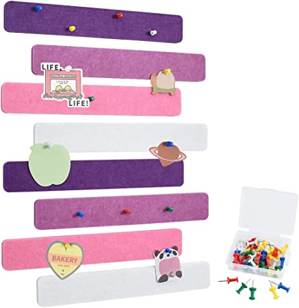 8Pcs Purple Rose Felt Pin Board Bar Strips with 35 Pushpins, Self-Adhesive Lightweight Bulletin Board Bar Strips No Damage for Wall,for Paste Notes, Photos, Schedules, Announcements.