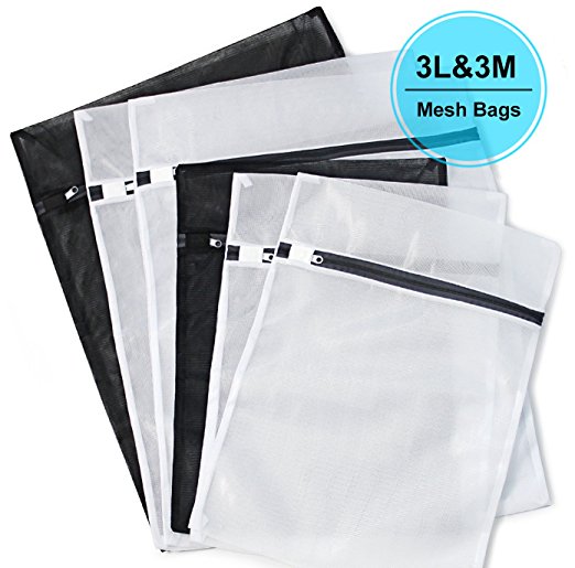 Mesh Delicates Laundry Wash Bag for Blouse, Hosiery, Stocking, Underwear, Bra and Lingerie Travel Laundry Bag with Rustless Zipper - Black and White, Set of 6 (3 Large and 3 Medium)