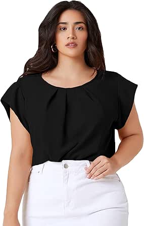 Milumia Women's Plus Size Pleated Top Crew Neck Cap Sleeve Office Work Blouse Shirt