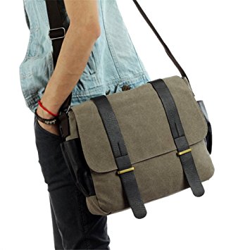 Gumstyle® Men's Vintage Canvas and Leather Traveling Messenger Shoulder Bag School Satchel Green