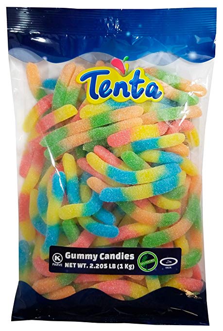 Tenta Gummi Sour Neon Worms - Halal, Kosher, Gluten Free Gummy Candy - 2.205 LB (1 Kg)