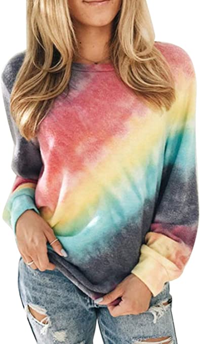 FARYSAYS Women's Casual Color Block Tie Dye Crewneck Long Sleeve Loose Pullover Sweatshirt Tops