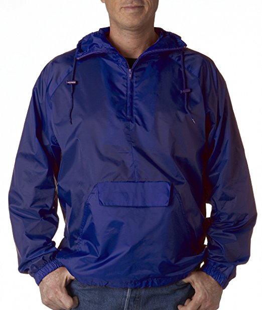 UltraClub 8925 Men's Solid 1/4-Zip Hooded Pullover Pack-Away Coat