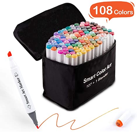 108 Pack Art Markers, 107 Coloring Markers and 1 Blender, Alcohol Based Dual Tip Permanent Markers Highlighters with Case, Excellent for Adults Kids Marking Drawing Sketching by Smart Color Art