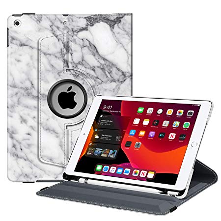 Fintie Rotating Case for New iPad 7th Generation 10.2 Inch 2019 - [Built-in Pencil Holder] 360 Degree Rotating Smart Protective Stand Cover with Auto Sleep/Wake for iPad 10.2" Tablet, Marble White