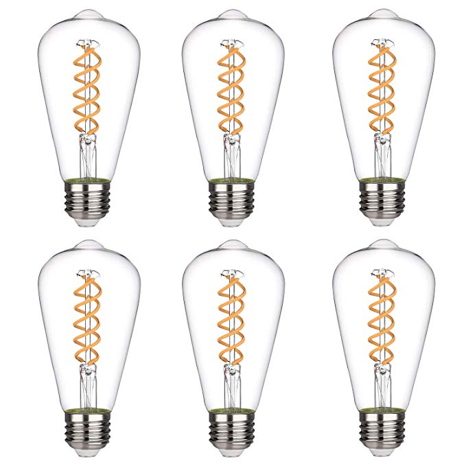 Vintage LED Edison Bulb, Warm White 2700K, Antique Flexible Spiral LED Filament Light Bulb, 8W Equivalent to 80W, ST19(ST64) Dimmable 800LM E26 Medium Base, Clear Glass (8W-2700K-6 Pack)