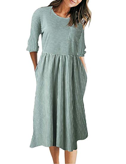 MEROKEETY Women's 3/4 Balloon Sleeve Striped High Waist T Shirt Midi Dress with Pockets