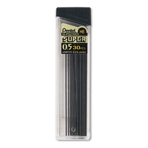 Pentel C25HB Super Hi-Polymer Lead Refills, 0.5mm, HB, Black, 30 Leads/Tube