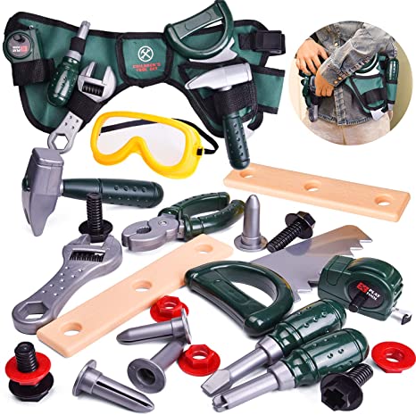 FunLittleToy Kids Tool Set-22 Pieces, Including Pretend Play Construction Tool Accessories and a Reinforced Kids Tool Belt