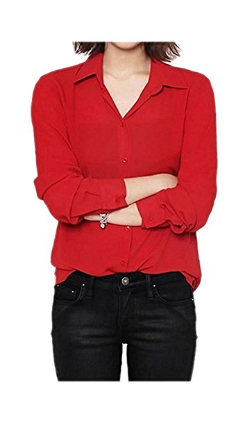 ARJOSA Women's Chiffon Long Sleeve Button Down Casual Shirt Blouse Top