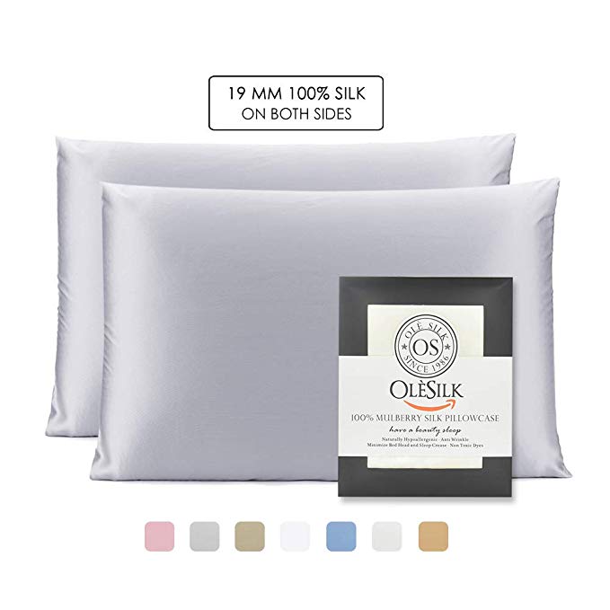 OleSilk 100% Mulbery Silk Pillowcase 2 Pack with Hidden Zipper for Hair and Skin Beauty,Both Sides 19mm Charmeuse - Silvergrey, Standard