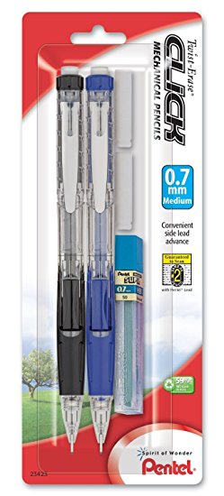 Pentel Twist Erase CLICK  Automatic Pencil with 2 Eraser Refills and Lead, 0.7mm, Assorted Barrels, Color May Vary, 2 Pack (PD277TLEBP2)