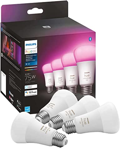 Philips Hue 4-Pack White and Color A19 Medium Lumen Smart Bulb, 1100 Lumens, Bluetooth & Zigbee Compatible (Hue Hub Optional), Compatible with Alexa & Google Assistant