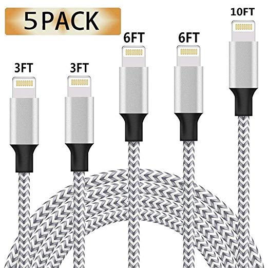 iPhone Charger, MFi Certified Lightning Cable, 5 Pack(3/3/6/6/10 FT) Extra Long Nylon Braided Charging&Syncing Cord Compatible with iPhone Xs/XR/XS Max/X/7/7Plus/8/8Plus/6S/6S Plus/5 More Silver&Grey