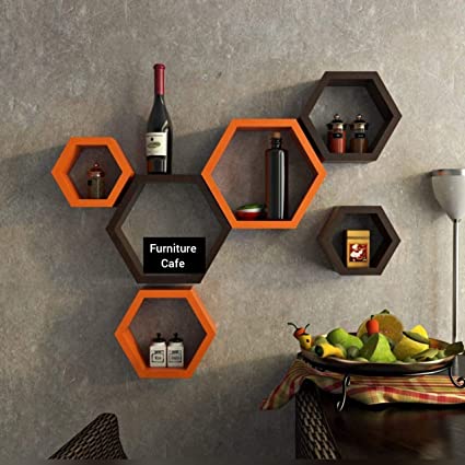 Furniture Cafe Hexagonal Set of 6 Floating Wall Shelves/Wall Shelf and Racks/Book Shelf for Living Room (Orange and Brown)