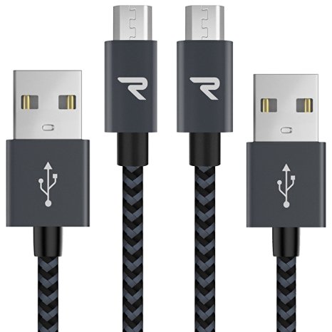 Micro USB Cables (2-Pack 3.3ft) Rampow® Nylon Braided Samsung usb cable/charging cords for Android Devices, Galaxy, Sony,Motorola and More - LIFETIME WARRANTY - Space Grey