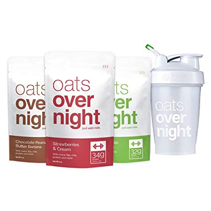 Oats Overnight with BlenderBottle (3oz per pack) High Protein/Low Sugar (24 Pack Variety with BlenderBottle)