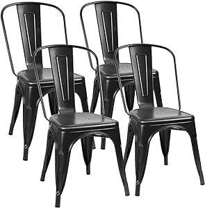 Flamaker Metal Dining Chairs Indoor-Outdoor Use Stackable Side Chairs with Back Industrial Kitchen Classic Trattoria Chair Set of 4 (Black)