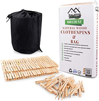 Balffor Natural Wood Clothespins & Clothespin Bag - 100 Large Wooden Clothes Laundry Pegs with Large Waterproof and Dust-Proof Clothes Pins Bag for Indoor or Outdoor Clothesline