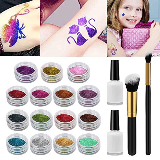 Glitter Tattoos Kit Xpassion Temporary Tattoo Make Up Body Glitter Art Design for Girls Kids Teenager Adult, with 15 Colors of Glitter, 48 Sheets Unique Tattoo Stencil, 2 Glue, 2 Brushes