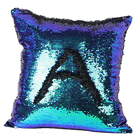 OJIA Stylish Sequin Mermaid Throw Pillow Cover with Magical Color Changing Reversible Paillette Design Faux Suede Decor Cushion Pillowcase 16 X 16 Inch (Blue and Black)