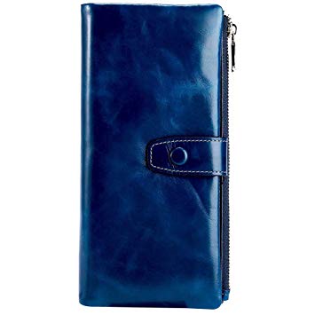 Wallets for Women RFID Bifold Blocking Womens Wallet Large Capacity Minimalist with Zipper Pocket Luxury Wax Genuine Leather Phone Passport Clutch Wallet Wristlet Ladies Purse (Royal blue)