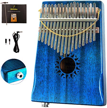 Moozica 17 Keys Mahogany Tone Wood EQ Kalimba, Electric Finger Thumb Piano Built-in Hi-Fi Pickup With 6.35mm Audio Interface(Sunflower,Blue-EQ)