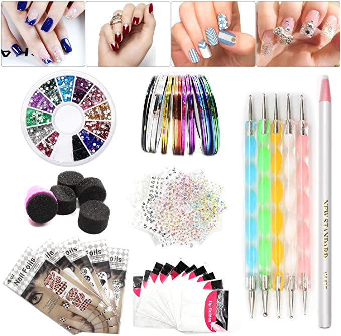 High Quality Nail Art Kit - Nail Art Sets with Nail Tape, Nail Stickers, Rhinestones Decoration, 45 Sheets Nail Art Stickers, Gradient Nails Sponges for Color Fade Manicure, Dotting Pen for Pedicure