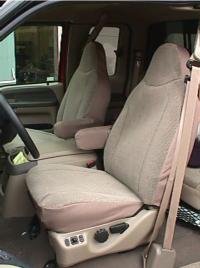 Durafit Seat Covers Made to fit 1999-2001 Pickup F150-F550 Front High Back Captain Chair Seat Covers in Taupe Leatherette with Molded Headrests and 1 Armrest Per Seat