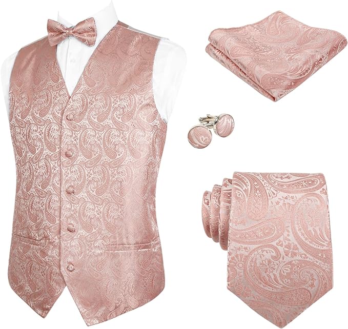 Alizeal Mens 5pcs Paisley Suit Vest Classic Jacquard Button-Down Waistcoat Set