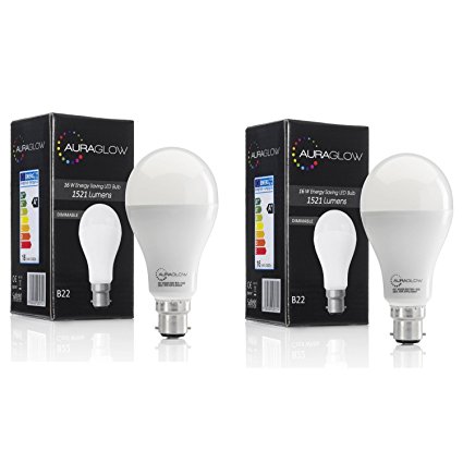 AURAGLOW Super Bright 16w LED B22 Bayonet Light Bulb, Warm White, 3000K - 1521 Lumens - 100w EQV - Dimmable - Twin Pack