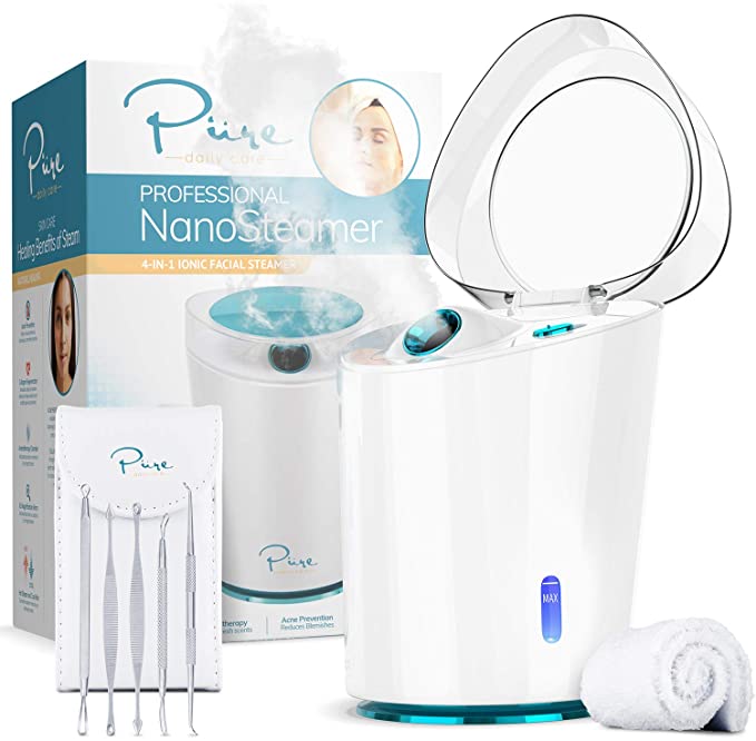 Pure Daily Care NanoSteamer PRO - Large 4-in-1 Nano Ionic Facial Steamer for Spas - 30 Min Steam Time - Humidifier - Unclogs Pores - Blackheads - Spa Quality - Bonus 5 Piece Stainless Steel Skin Kit