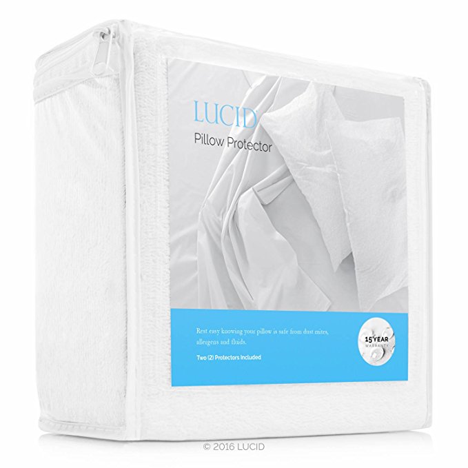 Lucid Premium Hypoallergenic 100-Percent Waterproof Pillow Protector, 15 Year Warranty, Vinyl Free, Queen Size, Set of 2