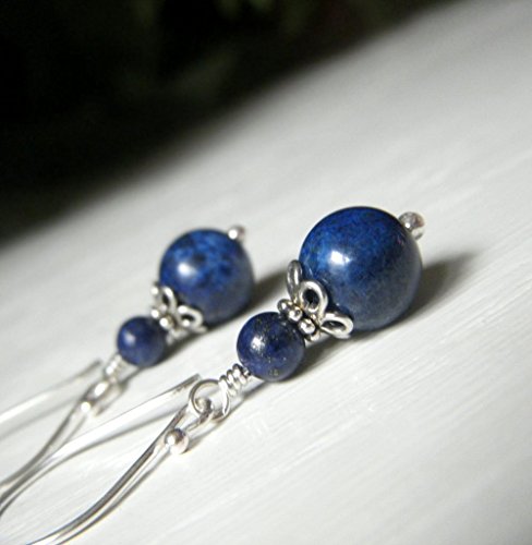 Genuine Lapis Lazuli Earrings - Sterling Silver Drop - Blue Round Gemstone