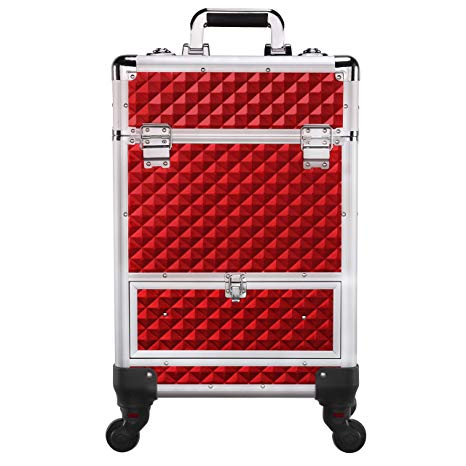 Yaheetech Rolling Aluminum Make Up Case - Cosmetic Trolley Train Case Red Sliding Drawer With 4 Retractable Trays