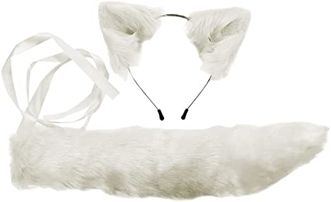 Newmind Faux Fur Cat Ears Hair Clip Furry Wolf Fox Long Tail Costume Halloween Party Headband Hairpin Cosplay Set - White