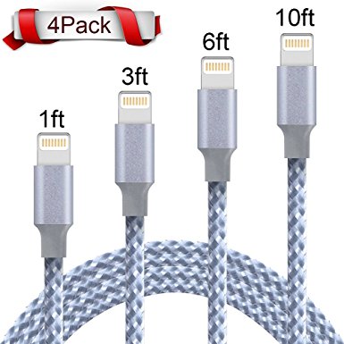 XUZOU Lightning Cable 4Pack 1FT 3FT 6FT 10FT Extra Long Nylon Braided Cord to USB Charging Charger for iPhone 7/7 Plus/6S/6S Plus,SE/5S/5,iPad,iPod Nano 7 (Gray White)