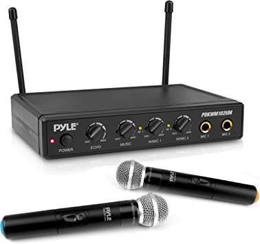 Pyle Wireless Karaoke Microphone System - Portable Audio Sound Mixer Receiver Set w/ Dual Mic Setting, Two Handheld Mics, 3.5mm AUX & RCA Cord - for DJ Sound, Home Party, & Theater - PDKWM102UM