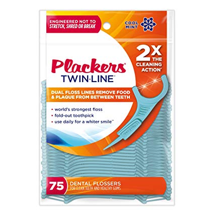 Plackers 303290518 Twin Line Whitening Floss Picks, Blue, 75 Count (Pck of 4)