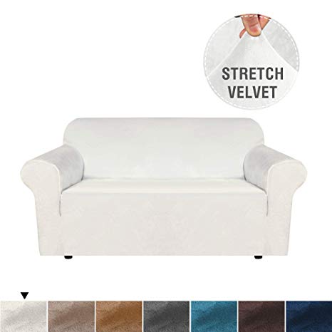 Velvet Plush Soft and Thick Sofa Cover Slip Resistant Stylish Furniture Cover/Protector, Real Velvet Stretch Sofa Slip Covers/Slipcovers with Straps on Bottom (Loveseat 2 Seater, Ivory)