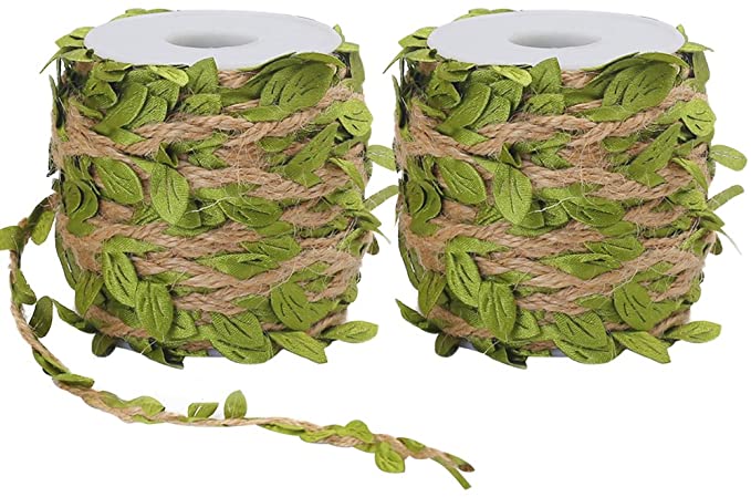 Tenn Well Burlap Leaf Ribbon, 132Feet 5mm Jute Twine Vine with Artificial Leaves for Crafts, Wedding, Jungle Party Decor (2PCS x 66Feet)