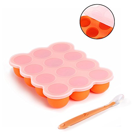 BALFER Baby Food Freezer Tray with Lid, Silicone Food Storage Container, Perfect for Homemade Baby Food, Vegetables and Fruits Purees, BPA Free & FDA Approved, with 1 Silicone Baby Spoon, Orange