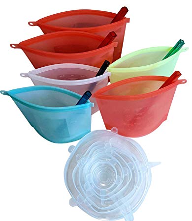 Reusable Silicone Food Storage Bags| Color Coded, Air-tight for Snack, Sandwich, Cooking, Sous Preservation of Meats & Vegetables, Microwave, Freezer, Dishwasher Safe   Dish Scrubber