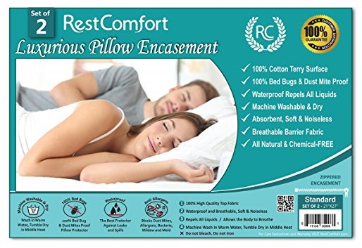 Set of 2 Cotton Terry Pillow Protectors, Bed Bug & Dust Mite Bacteria, Allergy Proof / Waterproof Hypoallergenic Breathable & Quite - Zippered Pillow Encasement, RestComfort (Standard 21"x27", White)