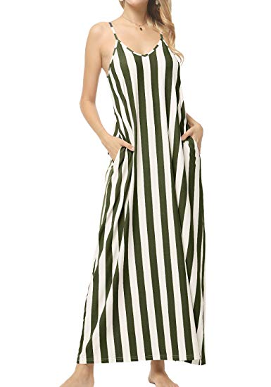 levaca Women's Summer Loose Flowy Striped Pockets Long Maxi Dress Sundress