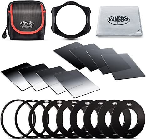 Rangers 8pcs ND Filter kit (Full and Graduated ND2, ND4, ND8, ND16 Filters, Optics) and 9 Filter Adaptors Ring (49-82mm) and 1 ABS Adaptor Holder   Carrying Case   Lens Cleaning Cloth