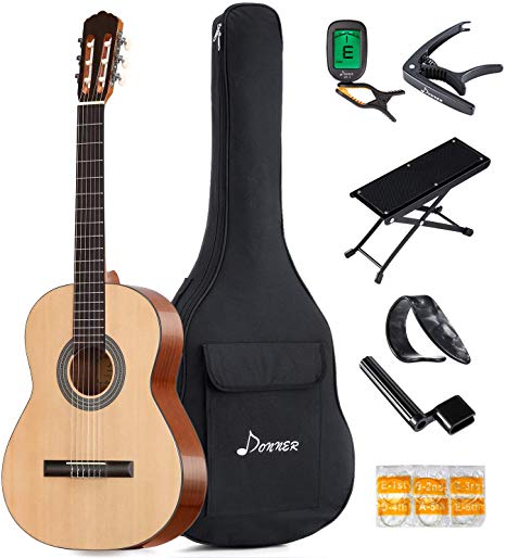 Donner 39 Inch Classical Guitar DCG-1 Full Size Beginner Acoustic Classical Guitar Package Spruce Mahogany Body With Bag Capo Tuner String Picks