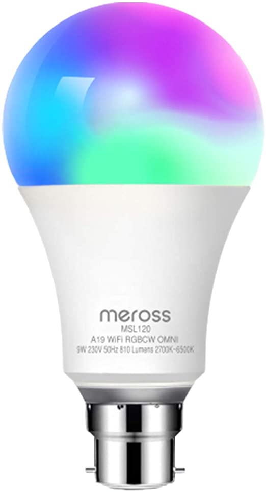 Alexa Light Bulbs WiFi Smart Bulbs B22 Bayonet Dimmable Warm White and Multicolor by Meross, Compatible with Echo Alexa Google Home, RGB WiFi Bulb 9W 810Lumens