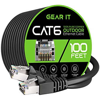 GearIT Cat6 Outdoor Cable - 100ft Waterproof Direct Burial 23AWG Cat 6 Ethernet - FTP Foil Twisted Pair, Shielded, LLDPE Waterproof and UV Resistant