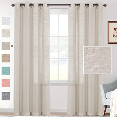 H.VERSAILTEX Natural Linen Blended Semi Sheer Curtains 84 Inches Long Rich Linen Textured Window Draperies for Living, Country Rustic Curtain Drapes for Village Cabin Garden (Linen, 2 Panels)